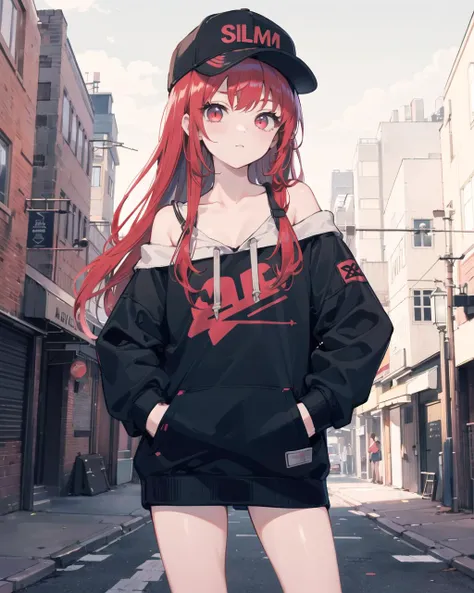 masterpiece,1girl,solo,long hair,red hair,hoodie,<lora:quinellaSAOCharacter_v10:0.8>,off shoulder:1.2, mob cap, street,hand on hip, hand in pocket,cute,silm
