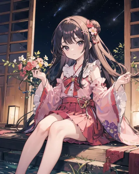 houraisan kaguya, 1girl, solo, red skirt, pink shirt, long sleeves, hair ornament, hair flower, wide sleeves, flower, black eyes, bamboo, feet out of frame, sitting, closed mouth, looking at viewer, night, star (sky), frilled sleeves, sky, night sky, starry sky, sidelocks, <lora:HouraisanKaguyaV1:1>,jeweled branch of hourai,