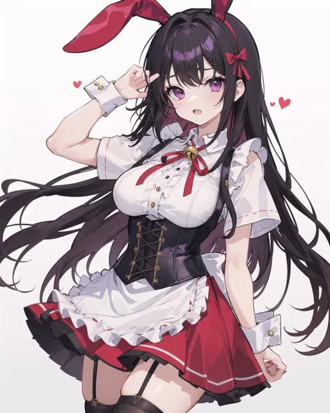 absurdres, best quality, 1girl, solo, <lyco:GoodHands-beta2:1>, black hair, purple eyes, long hair, large breasts, <lora:ahBunny-000120:1>, ahBunny, rabbit ears, red corset, gakuran, apron, red neck ribbon, red skirt, hair bow, short sleeves, wrist cuffs , white thighhighs, jingle bell