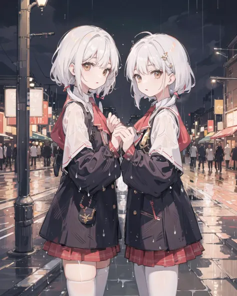 twins,white hair,stockings,mature female,rain,night city, <lora:mingStyle8:0.4>