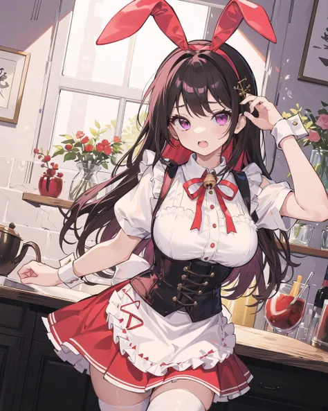absurdres, best quality, 1girl, solo, <lyco:GoodHands-beta2:1>, black hair, purple eyes, long hair, large breasts, <lora:ahBunny-000120:1>, ahBunny, rabbit ears, red corset, gakuran, apron, red neck ribbon, red skirt, hair bow, short sleeves, wrist cuffs , white thighhighs, jingle bell