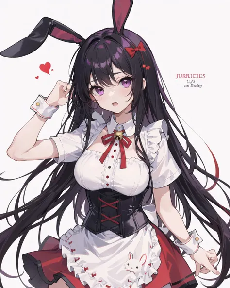 absurdres, best quality, 1girl, solo, <lyco:GoodHands-beta2:1>, black hair, purple eyes, long hair, large breasts, <lora:ahBunny-000120:1>, ahBunny, rabbit ears, red corset, gakuran, apron, red neck ribbon, red skirt, hair bow, short sleeves, wrist cuffs , white thighhighs, jingle bell