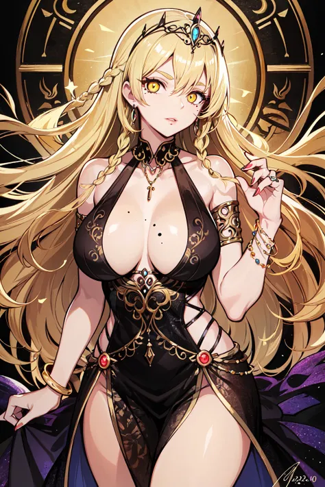 sciamano240, queen marika the eternal, elden ring, 1girl, armlet, artist name, black dress, blonde hair, bracelet, braid, breasts, collarbone, cowboy shot, crack, cracked skin, dated, dress, floral print, glowing, glowing eyes, halter dress, halterneck, jewelry, large breasts, lips, long hair, looking at viewer, mismatched eyebrows, mole, mole on thigh, necklace, plunging neckline, realistic, revealing clothes, signature, solo, standing, thighs, tiara, yellow eyes (masterpiece), (best quality), (ultra-detailed), (best illustration), (best shadow), (an extremely delicate and beautiful)
