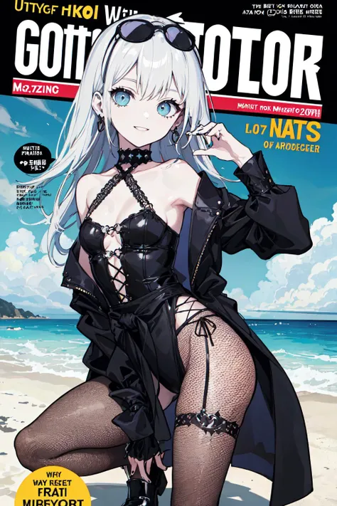 (masterpiece:1.4, best quality:1.4), illustrations, (solo:1.2), (original), (very detailed wallpaper), (ultra detailed:1.4), (super complex details), (Magazine cover-style illustration of a fashionable woman in a black and white GothGal outfit), posing confidently on a beach with a slim figure and a tiny waist. She is smiling and wearing sunglasses, exuding a cool and edgy aura. The subject's outfit features fishnets, gothic print, and other GothGal elements that complement her unique style. The text on the cover should be bold and attention-grabbing, with the title of the magazine and a catchy headline. The overall style should be modern and alternative, with a focus on gothic fashion and beachside vibes.