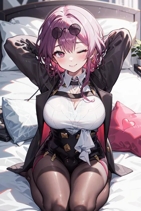 best quality, masterpiece, <lora:kafka:1>, kafka, 1girl, solo, looking at viewer, blush, sitting, on bed, seductive smile, arms behind head, sunglasses, eyewear on head, collared shirt, seiza, one eye closed, bent over