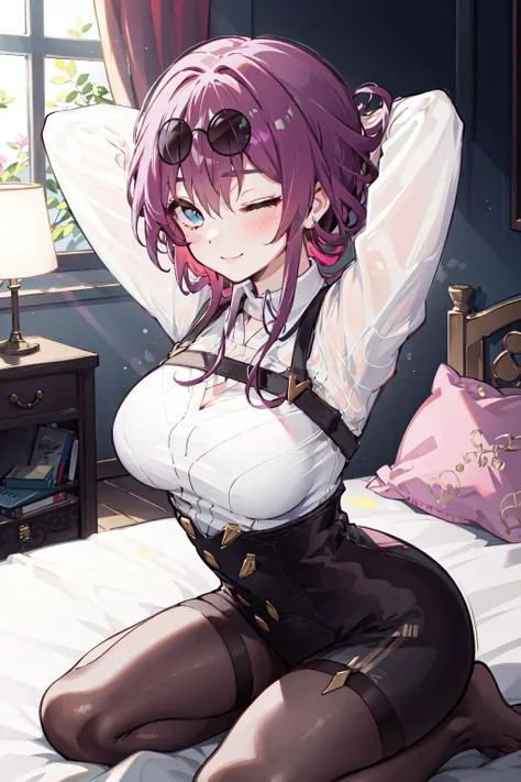 best quality, masterpiece, <lora:kafka:1>, kafka, 1girl, solo, looking at viewer, blush, sitting, on bed, seductive smile, arms behind head, sunglasses, eyewear on head, collared shirt, seiza, one eye closed, bent over