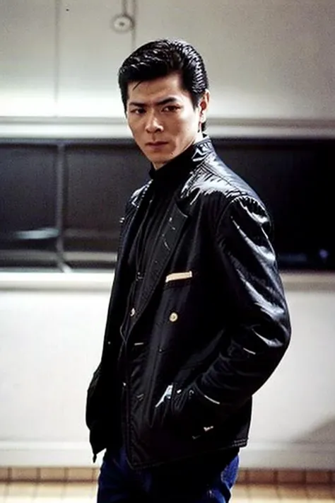 best quality, ultra high res, (photorealistic:1.4), masterpiece, blurry background,indoors,1boy,standing ,(looking at viewer), black leather coat, <lora:longfang:0.8>
