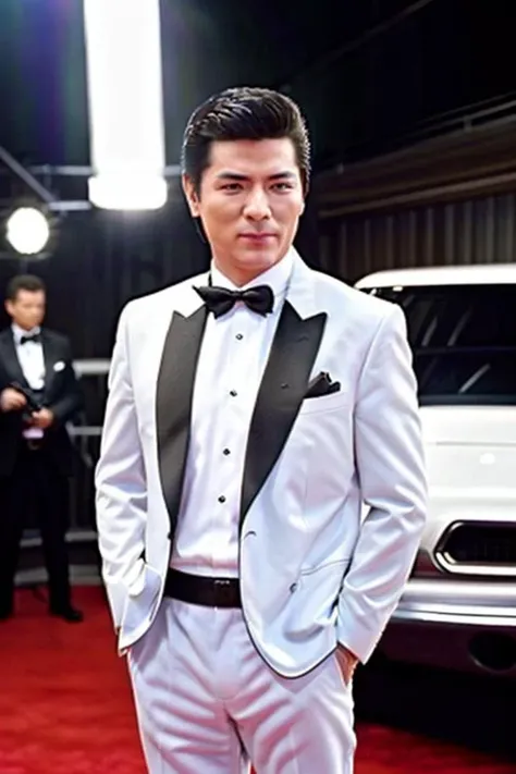 a men as a movie star, (portrait:1.2), (half body:1.2),(face focus:1), white hair,modelshoot style, (extremely detailed CG unity 8k wallpaper), Intricate, High Detail, Sharp focus, dramatic,((movie premiere gala)), ((standing on the red carpet)), ((paparazzi in the background)), (looking at viewer), (detailed pupils:1.2), (elegant suit:1.3), <lora:longfang:0.8>