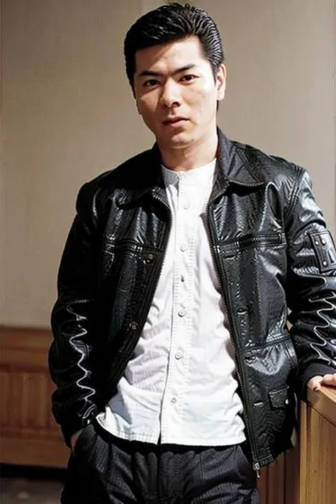 best quality, ultra high res, (photorealistic:1.4), masterpiece, blurry background,indoors,1boy,standing ,(looking at viewer), black leather coat, <lora:longfang:0.8>