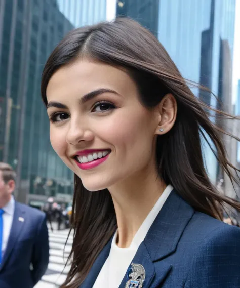 victoria_justice,<lora:VictoriaJusticeXL:1>,head and shoulders portrait,low angle shot,outside The Trump Organization tower in New York City,looking at viewer,business_suit,grin,high budget,hyperdetailed,4k textures,4k resolution,