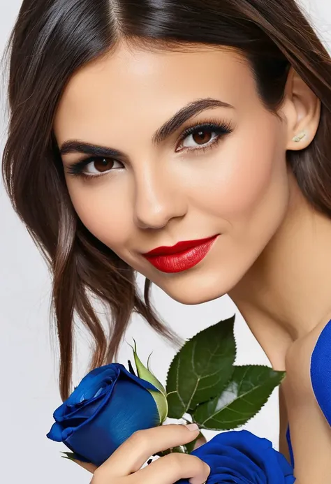 victoria_justice,<lora:VictoriaJusticeXL:1>,head and shoulders portrait,white background,side view,holding a rose with a long stem,looking at viewer smelling the red rose,looking at viewer,wearing a blue and white elegant dress,4k textures,detailed makeup,hyperdetailed photography,UHD,masterpiece,detailed skin,perfect skin,perfect eyes,