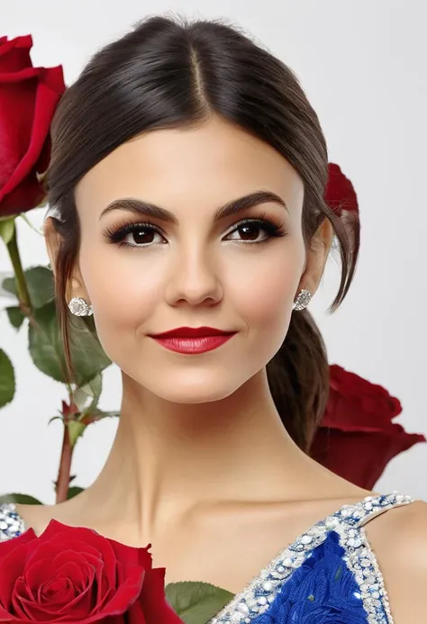 victoria_justice,<lora:VictoriaJusticeXL:1>,head and shoulders portrait,white background,side view,holding a rose with a long stem,looking at viewer smelling the red rose,looking at viewer,wearing a blue and white elegant dress,4k textures,detailed makeup,hyperdetailed photography,UHD,masterpiece,detailed skin,perfect skin,perfect eyes,