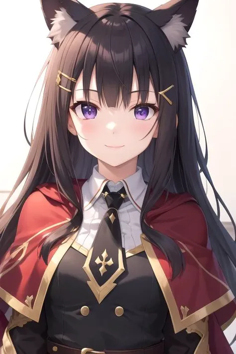 kind_smile,(best quality),official art,extremely detailed CG,unity 8k wallpaper,ultra detailed,beautiful detailed eyes,extremely detailed face,1girl,solo,upper body,(portrait:1.5),looking at viewer,facing viewer,smile,kasumi (princess connect!),animal ears,dog ears,small_breasts,very long hair,purple hair,hairclip,sidelocks,blunt bangs,purple eyes,red capelet,brown jacket,open jacket,green vest,black necktie,white shirt,collared shirt,black gloves,half gloves,belt,black skirt,pleated skirt,frilled skirt,black thighhighs,thighhighs under boots,zettai ryouiki,knee boots,black footwear,<lora:Kasumi(pcr)>,