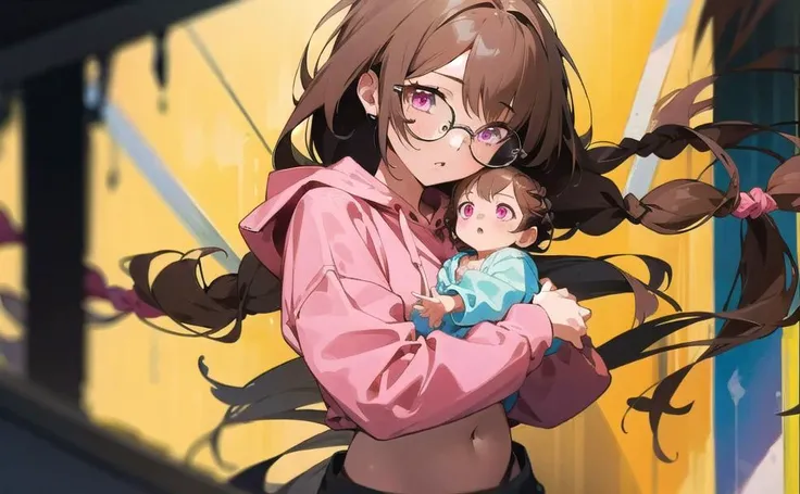 best quality, 4K wallpaper, masterpiece, extremely detailed CG unity 8k wallpaper, extremely detailed eyes, ultra-detailed, 1girl, brown hair, braid hair, glasses, pink eyes, crop top hoodie, holding a baby, <lora:CropTop:1>
