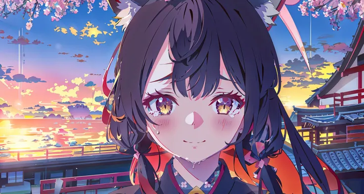 1girl,ANIME,<lora:BArtstyleV7-EXP:0.3>,BAPV, Pink theme,(from viewer,standing,looking at viewer),wakamo,yellow eyes,closed mouth,smile mouth,(crying,tears,eyedrops), animal_ears , japanese clothes,black kimono,blush,halo,black hair,long hair,flipped hair,<lora:wakamoV1:1>,outdoors,dusk,sunset,cloudy sky,cherry blossom,sakura,sunlight,petal,sea,ocean,east asian architecture,((cinematic angle, wide_shot,beautiful detailed eyes,detailedlight,highres, focused,wallpaper,illustration,masterpiece,best quality))