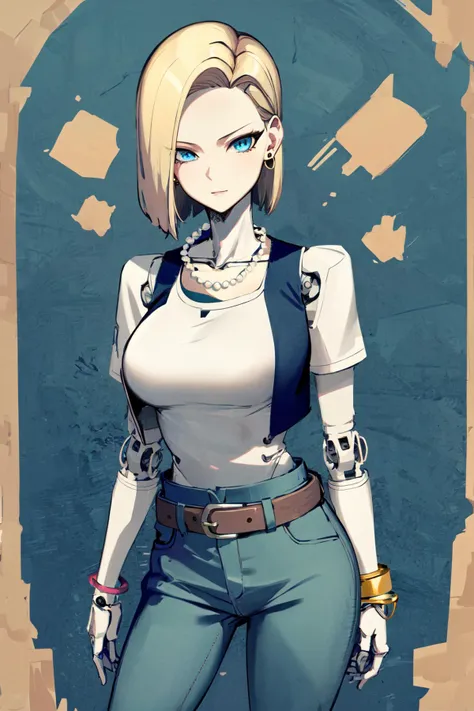 masterpiece, best quality, highres, 1girl, solo, standing, beautybot, robot girl, android, robot joints, <lora:bbt7:0.7>, and18, 1girl, android 18, pants, blonde hair, blue eyes, belt, jeans, pearl_necklace, bracelet, black gloves, white shirt, short hair, high-waist pants, short sleeves, earrings, open vest, black vest, blue pants, boots, large breasts, <lora:android_18_v110:0.6>