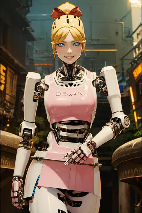 masterpiece, best quality, <lora:KingsGynoid:0.9> beautybot, robot girl, android, robot joints, cowboy shot, looking at viewer, cyberpunk, blue theme, looking at viewer, smile, glowing eyes, dynamic pose