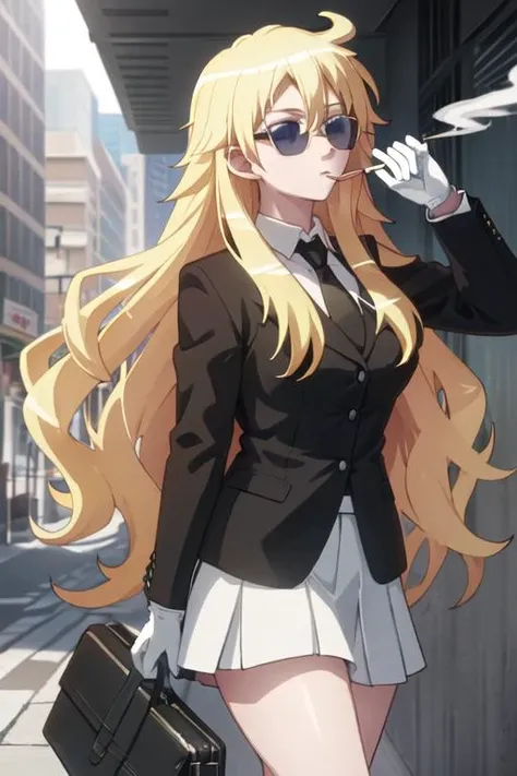 best quality, masterpiece, highres, solo, {black business suit:1.40}, {tie:1.20}, {sunglasses:1.25}, {white gloves:1.15}, {white shirt:1.10}, {black skirt:1.15}, {smoking:1.20}, handsome, {rita_ainsworth_sakurasounopetnakanojo:1.15}, blonde_hair, long_hair, blue_eyes, bangs, closed_mouth
