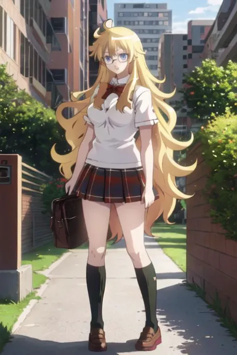 best quality, masterpiece, highres, solo, {shaga_ayame_bento:1.15}, blonde_hair, long_hair, glasses, blue_eyes, 1girl, bow, school_uniform