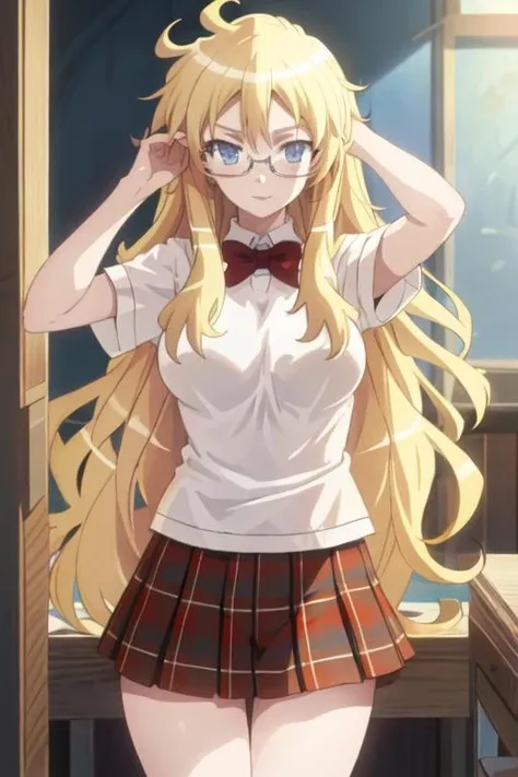 best quality, masterpiece, highres, solo, {shaga_ayame_bento:1.15}, blonde_hair, long_hair, glasses, blue_eyes, 1boy, 1girl, ahoge