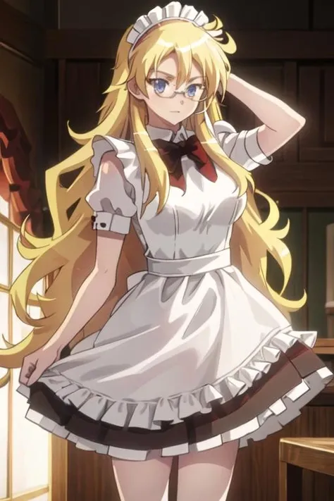best quality, masterpiece, highres, solo, {maid:1.40}, {long maid dress:1.15}, {shaga_ayame_bento:1.15}, blonde_hair, long_hair, glasses, blue_eyes