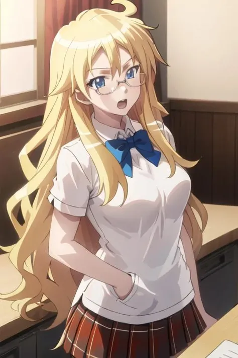 best quality, masterpiece, highres, solo, {shaga_ayame_bento:1.15}, blonde_hair, long_hair, glasses, blue_eyes, 2girls, bow, multiple_girls, open_mouth, school_uniform, blue_hair, bowtie