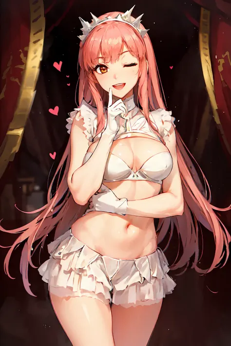 (masterpiece, sidelighting, finely detailed beautiful eyes: 1.2), glowing eyes, shiny hair, lustrous skin, solo, embarrassed, <lora:Medb05:0.6>, medb \(fate\), indoors, one eye closed, heart hands, :d,