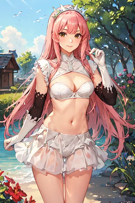 masterpiece, best quality, a beautiful detailed picture of a girl under a sunny sky, cowboy shot, garden, <lora:Medb05:0.5>, medb_\(fate\),
