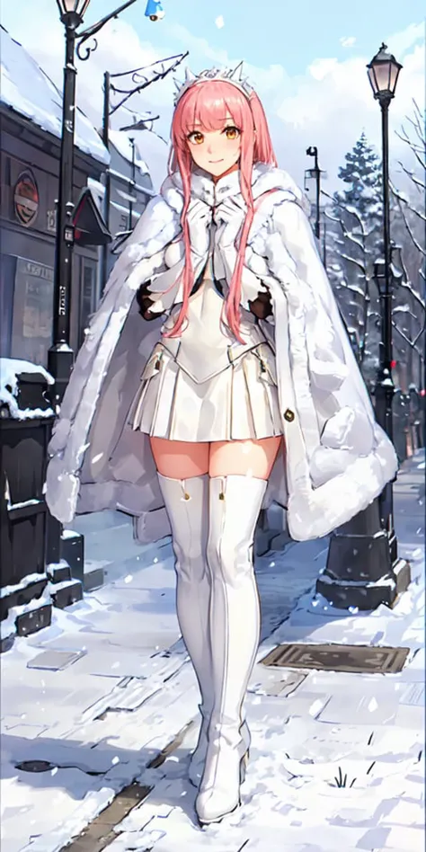 (masterpiece, sidelighting, finely detailed beautiful eyes: 1.2), glowing eyes, shiny hair, lustrous skin, solo, embarrassed, <lora:Medb05:0.5>, medb \(fate\), outdoors, cloak, white cloak, fur trim, knee boots, snow, street, lamppost, full body,