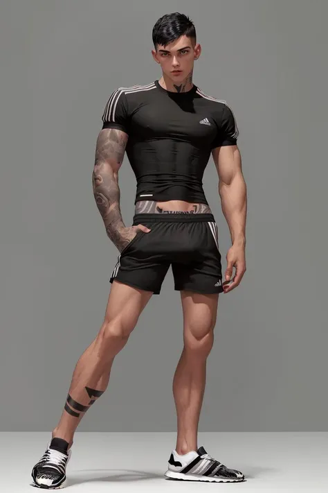 toned young man, full body, short black hair, adidas shirt, tight fitting shorts, bulge, tattoo on arms, chavalpha, <lora:ChavAlpha:0.4> <lora:bulgerk-dickprint:0.5>