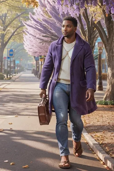 cinematic photo, full length photo of a male Retirement age, Fit, Sub-Saharan African, Violet eyes,  Short Nose,    Angular Forehead, Pear face shape, Well-toned Calf Muscles, , Dark Brown Long and straight hair, Anticipation, wearing  , LavenderGray , , , , Hands holding an object delicately, showing care, walking around a autumn, <lora:Bulgerk_Dickprint-v1:0.76>, <lora:Detail_Slider-v4:2>, 35mm photograph, film, bokeh, professional, 4k, highly detailed, <lora:epi_noiseoffset2:0.13>