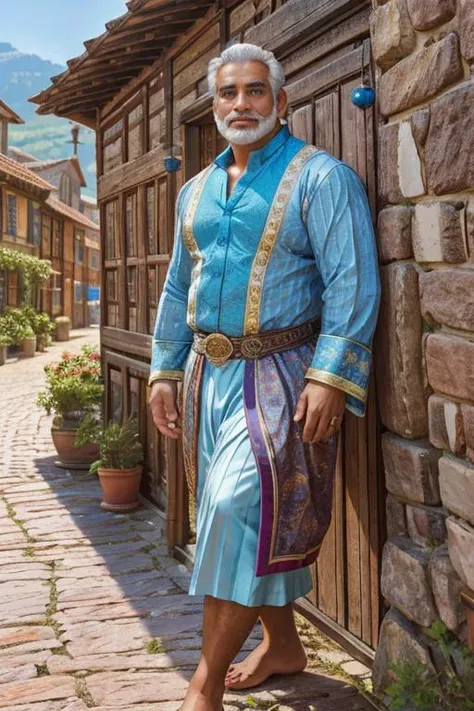 cinematic photo, full length photo of a male Hundred years old, Fit, South Asian, Light blue eyes,   Square Chin with Cleft,    Unique face shape, Sculpted Back, Nasal septum, Light Brown Waves haircut hair, Hope, wearing  , SkyBlue  Damask  Jacquard button-down shirt, , , , Hands on the waist, conveying authority, walking around a medieval village, <lora:Bulgerk_Dickprint-v1:0.76>, <lora:Detail_Slider-v4:2>, 35mm photograph, film, bokeh, professional, 4k, highly detailed, <lora:epi_noiseoffset2:0.13>, (musclebears:0.5)