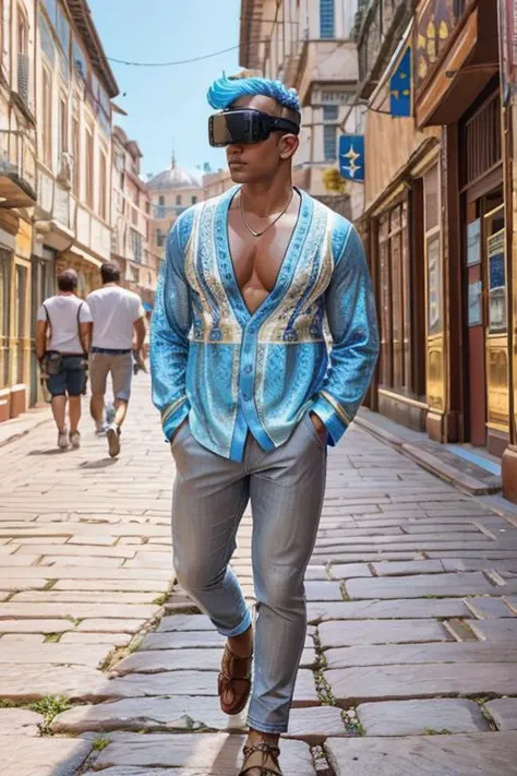 cinematic photo, full length photo of a male Senior, Toned, South Asian, Gray eyes, Split Ears, Aquiline Nose, Graceful Collarbone, , Pastel Blue Ivy League hair, Insecurity, wearing , , , , VR Headset , Hands in pockets, displaying a casual attitude, walking around a roman city, <lora:Bulgerk_Dickprint-v1:0.66>, <lora:Detail_Slider-v4:2>, 35mm photograph, film, bokeh, professional, 4k, highly detailed