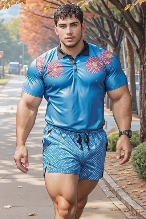 cinematic photo, full length photo of a male Twenty-something, Lanky, Native American, Light brown eyes, Strong Jaw, , Black French crop hair, Anger, wearing Lace Azure Polka dot polo tee, patterned swim trunks, and flip-flops, Arms extended forward, showing a willingness to give or receive, walking around a autumn, <lora:Bulgerk_Dickprint-v1:0.76>, <lora:Detail_Slider-v4:2>, 35mm photograph, film, bokeh, professional, 4k, highly detailed, <lora:epi_noiseoffset2:0.13>, (musclebears:0.9)
