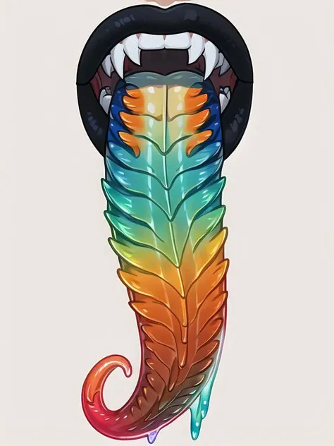 (masterpiece, best quality:1.1), mouth, lips, teeth, (tongue, long tongue:1.05), tongue out, blue lip gloss, (saliva, dripping:0.9), frilly, multicolored tongue, orange and blue tongue