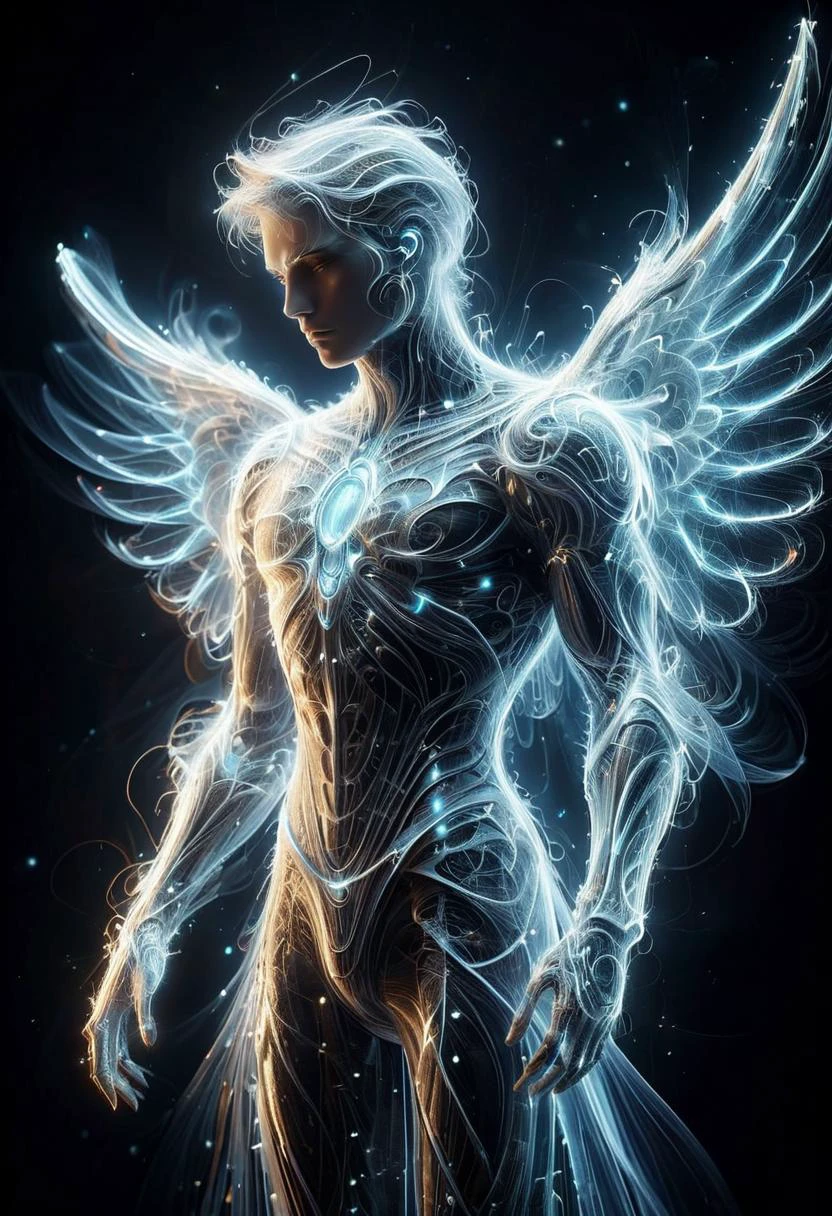 ((photorealistic cybernetic)) angel, benevolent, ((futuristic, scifi)), blue glowneon, blue glowing, stoic expression, standing, armored, holding energy sword, wings, serene background <lora:glowneon_xl_v1:1> <lora:add-detail-xl:1>,mad-wsps <lora:Elemental_Wisps_SDXL:0.75>