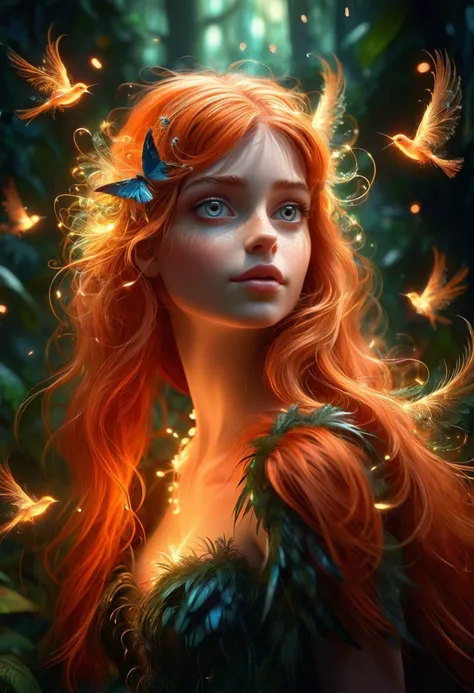 Hyperdetailed Photography, cute disney styled enchanted birdgirl, feathers, long orange red hair, (detailed face), reflection, (fantasy enchanted rainforest background, particles, fireflies, lots of details), sharp focus, (disney style:1.2), mad-wsps, made of mad-wsps, <lora:Elemental_Wisps_SDXL:0.8> mad-wsps, made of mad-wsps