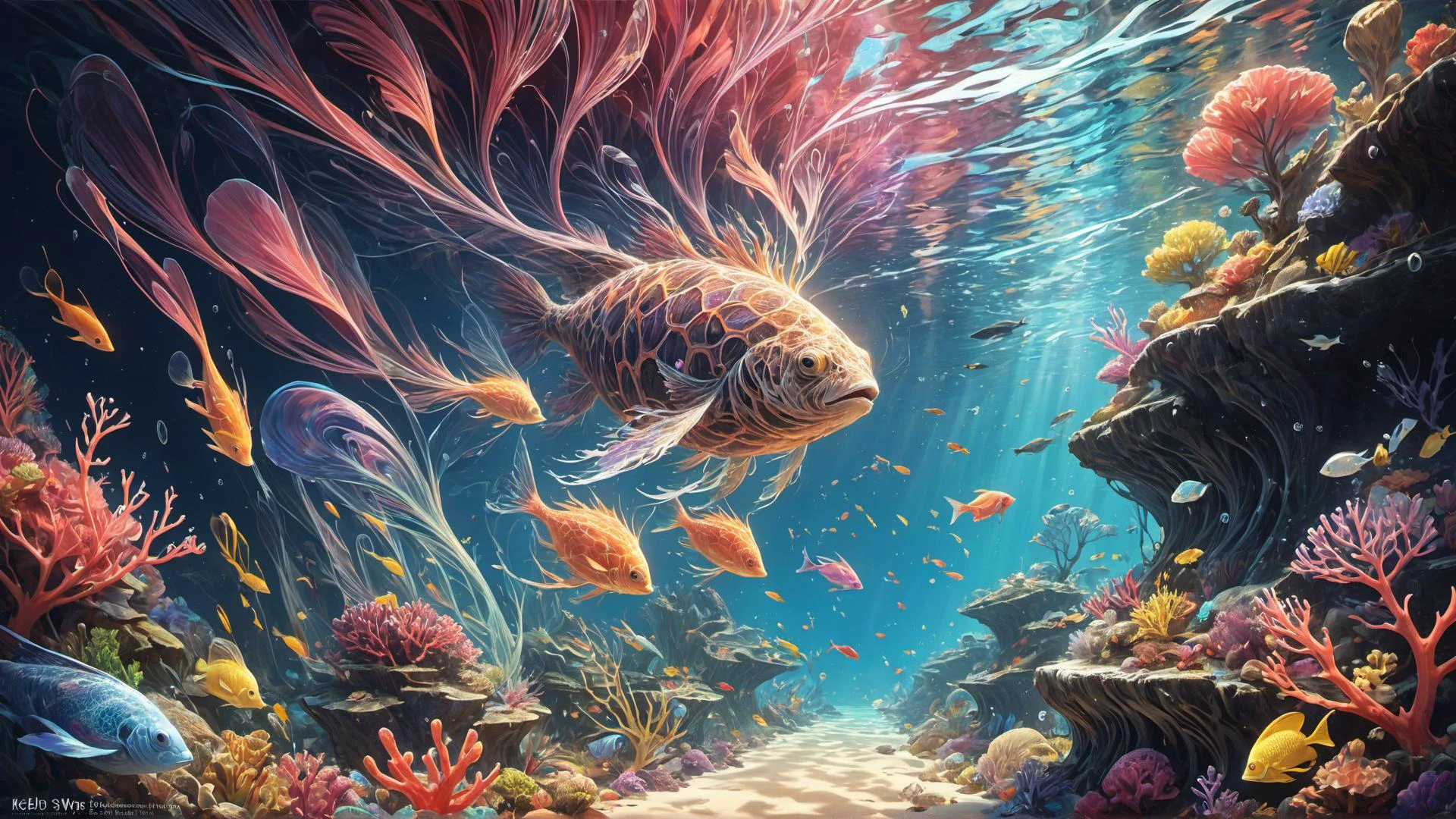 serene coral reef, transparent mad-wsps water elemental \(creature\), swimming with colorful fish, kelb, caustics, colorful light <lora:Elemental_Wisps_SDXL:0.6>, (masterpiece:1.2), best quality, (hyperdetailed, highest detailed:1.2), high resolution textures