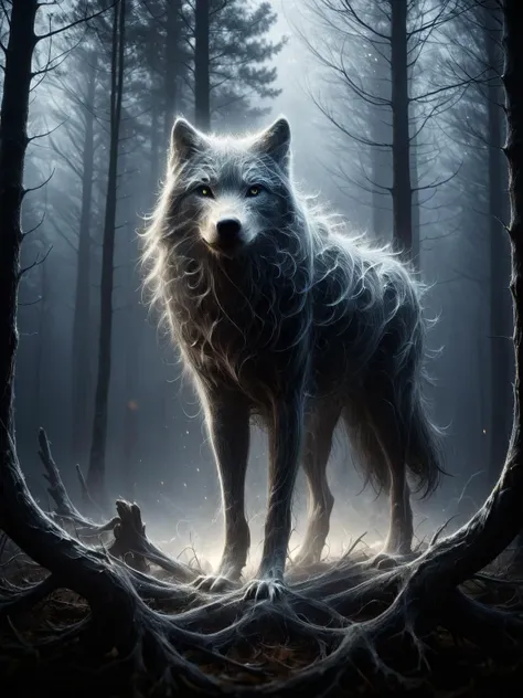 mad-wsps black wolf in the forest, (dense fog:1.3), moonlight,looking at viewer, dynamic pose, cinematic shot, dramatic lighting, <lora:Wisps_of_Light_SDXL:1.2>, masterpiece, best quality, ultra high res, (photorealistic, realistic:1.2), deep shadow, raw photo, film grain, Fujifilm XT3, 8k uhd, dslr