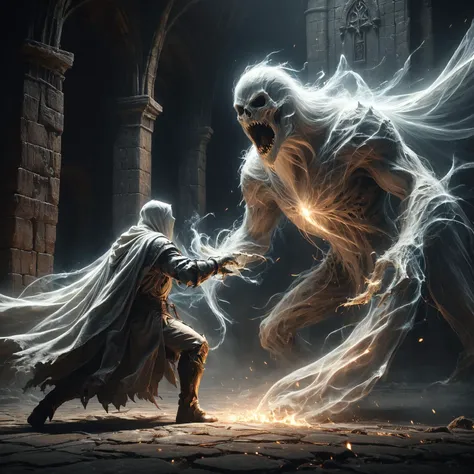 mage fighting a huge ghost made of mad-wsps in dark dungeon, Bosstyle, dynamic pose, cinematic shot, dramatic lighting<lora:Wisps_of_Light_SDXL:0.5> <lora:XL_boss_battle:0.8> 0.6>, masterpiece, best quality, ultra high res, (photorealistic, realistic:1.2), deep shadow, raw photo, film grain, Fujifilm XT3, 8k uhd, dslr