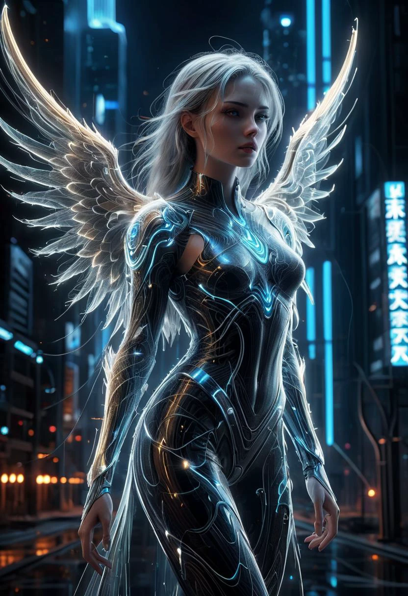 ((photorealistic cybernetic)) female angel, benevolent, ((futuristic, scifi)), blue glowneon, blue glowing, stoic expression, standing, armored, energy sword, wings, futuristic city in background <lora:glowneon_xl_v1:1> <lora:add-detail-xl:1>,mad-wsps <lora:Elemental_Wisps_SDXL:0.65>