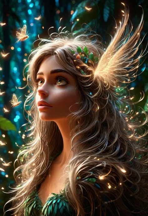 Hyperdetailed Photography, cute disney styled enchanted birdgirl, feathers, long brunette hair, (detailed face), reflection, (fantasy enchanted rainforest background, particles, fireflies, lots of details), sharp focus, (disney style:1.2), mad-wsps, made of mad-wsps,  <lora:Elemental_Wisps_SDXL:0.8> mad-wsps, made of mad-wsps
 <lora:Fantasy_realistic_pixar_style-000004:0.8>