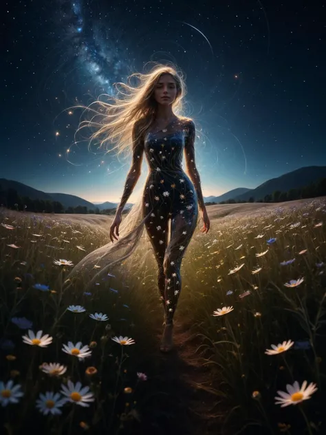 woman made of mad-wsps walking through flower meadow in the night, starry sky, dynamic pose, cinematic shot<lora:Wisps_of_Light_SDXL:0.9>, masterpiece, best quality, ultra high res, (photorealistic, realistic:1.2), deep shadow, raw photo, film grain, Fujifilm XT3, 8k uhd, dslr