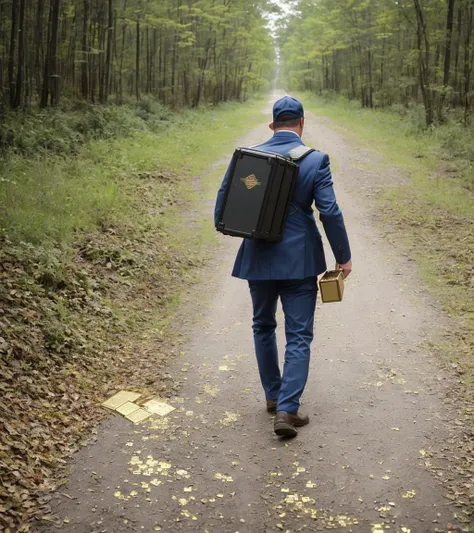 (full body photo) of a person cautiously approaching an abandoned case full of gold