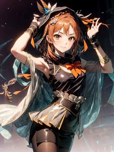 (1girl:1.1),(solo:1.1),hojokaren01,black dress,black skirt,brown hair,hagoromo,hair ornament,hood,long hair,orange bowtie,pantyhose,pencil skirt,see-through,sleeveless dress,skindentation<lora:hojokaren01:1>,shiny,light smile,arms up,simple background, (masterpiece), (best quality), (ultra-detailed), intricate detail,