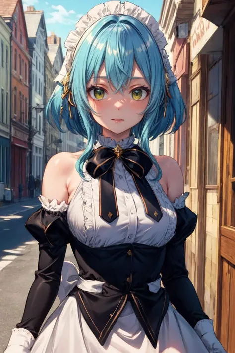 masterpiece, best quality, highres, aavillhaze, short hair, maid headdress, green eyes, breasts, maid, black bowtie, bare shoulders, frills, dress, underbust, detached sleeves, long sleeves, maid apron, <lora:villhaze_v1:0.7>, walking, cowboy shot, :o, town