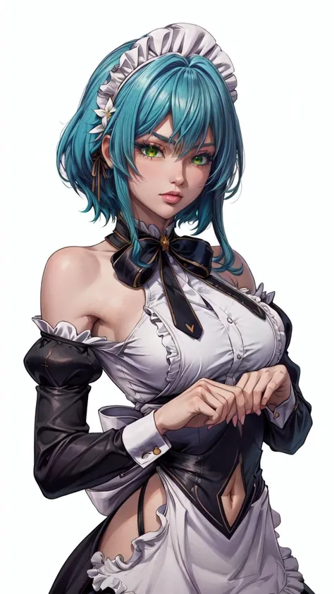 (1girl, solo, masterpiece, 4k, best quality:1.2, (cowboy shot), best quality:1.2, NICE HANDS, COLORFUL, (perfect hands, perfect anatomy)),
aavillhaze, short hair, maid headdress, green eyes, breasts, maid, black bowtie, bare shoulders, frills, dress, underbust, detached sleeves, long sleeves, maid apron,
((medium breasts, mediumhips, looking at the viewer, high stocking)),
((simple background, white background)), <lora:GoodHands-vanilla:1>