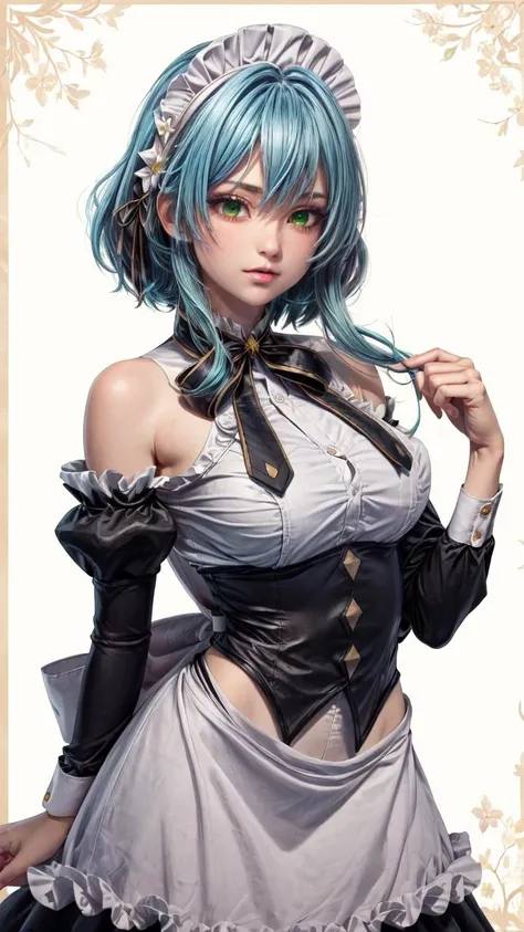(1girl, solo, masterpiece, 4k,  best quality:1.2, (cowboy shot), best quality:1.2, NICE HANDS, COLORFUL, (perfect hands, perfect anatomy)),
aavillhaze, short hair, maid headdress, green eyes, breasts, maid, black bowtie, bare shoulders, frills, dress, underbust, detached sleeves, long sleeves, maid apron,
((medium breasts, mediumhips, looking at the viewer)),
((simple background, white background)), <lora:GoodHands-vanilla:1>