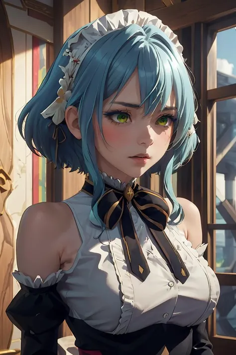 (masterpiece, best quality), 1girl, <lora:villhaze_v1:1> aavillhaze, short hair, maid headdress, green eyes, breasts, maid, black bowtie, bare shoulders, frills, dress, underbust, detached sleeves, long sleeves, maid apron