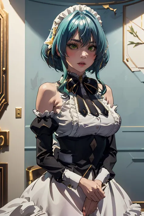 (masterpiece, best quality), 1girl, <lora:villhaze_v1:1> aavillhaze, short hair, maid headdress, green eyes, breasts, maid, black bowtie, bare shoulders, frills, dress, underbust, detached sleeves, long sleeves, maid apron